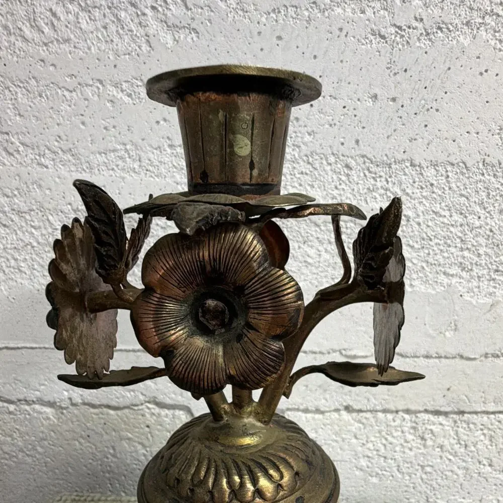 Vintage Brass Copper Candle Holder Mercury Glass Floral Flowers 8” Boho Decor
